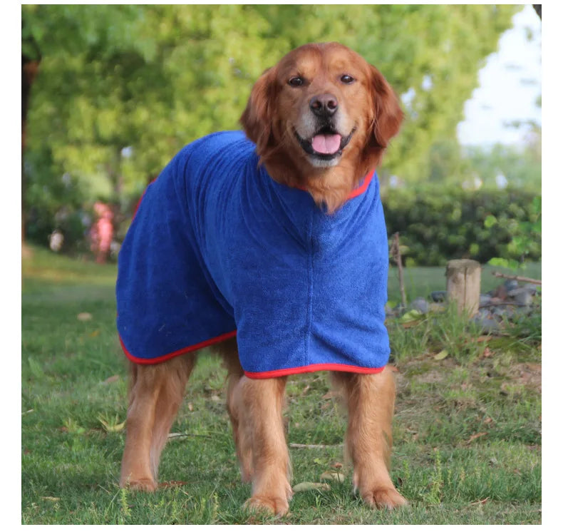 A happy, light brown dog wearing a royal blue quick-dry microfiber dog robe outdoors.