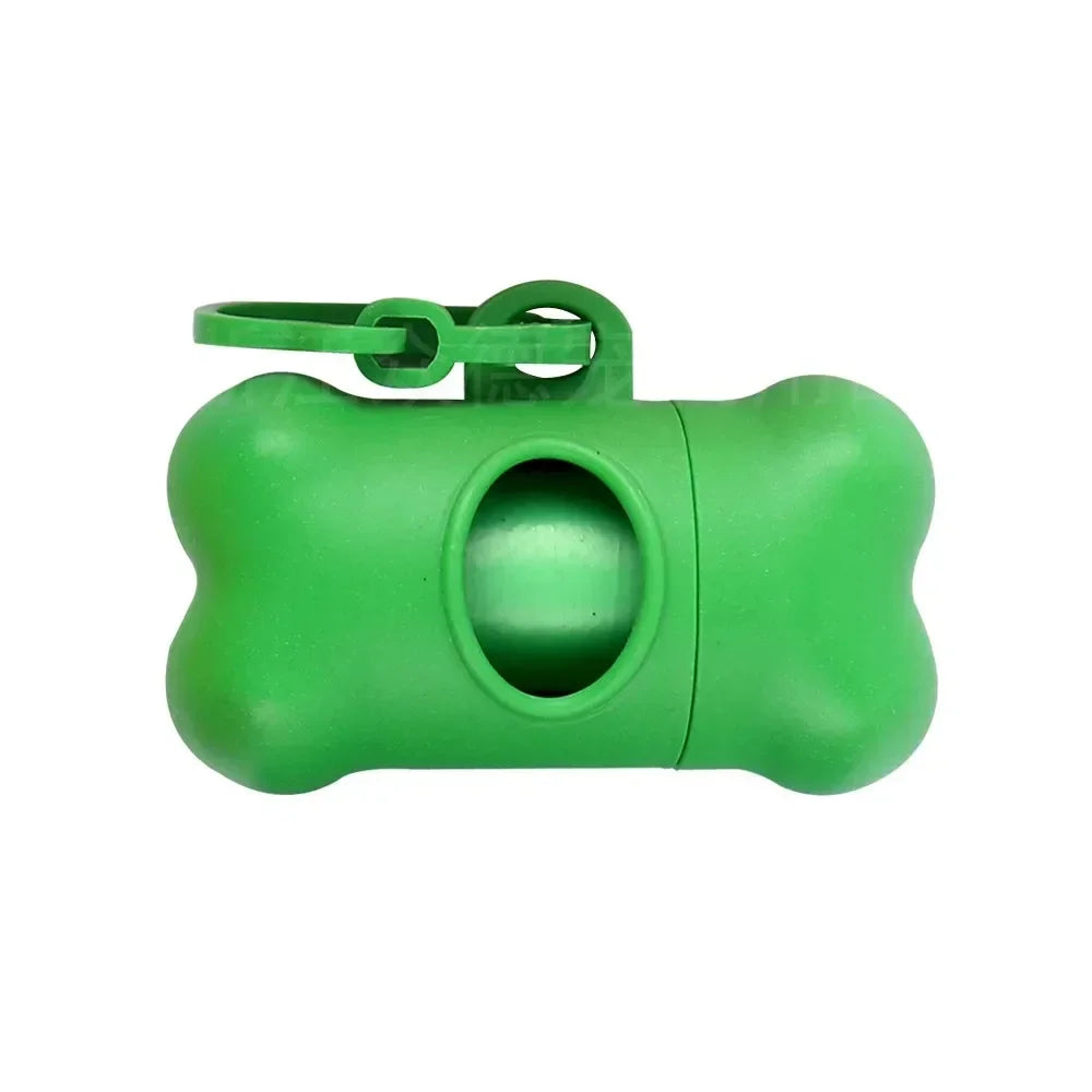 A bright green bone-shaped poop bag dispenser with a clip.
