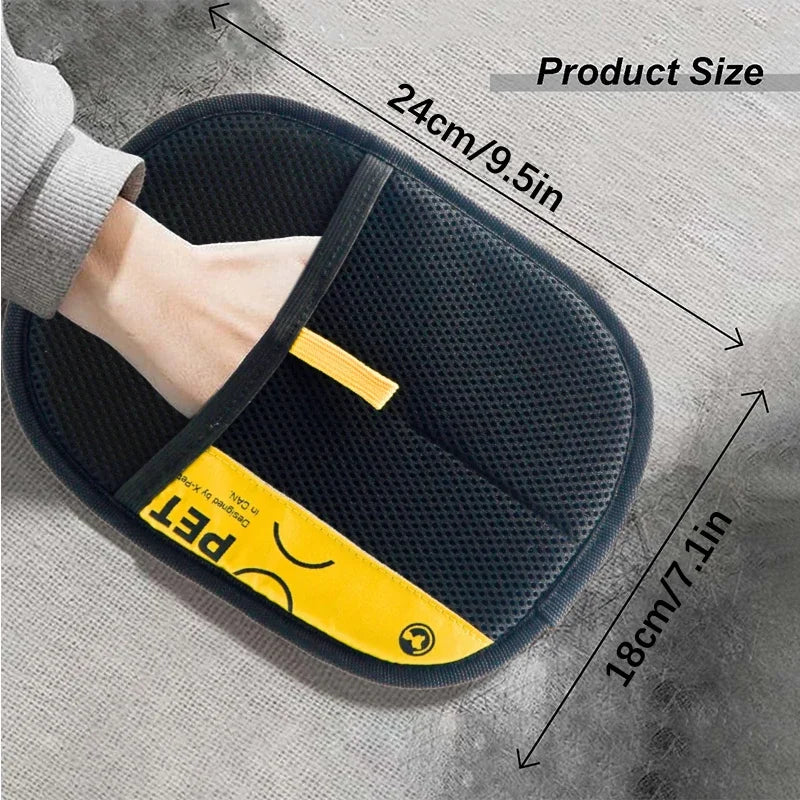 A black reusable electrostatic pet hair remover glove is shown being worn on a hand, with dimensions provided.