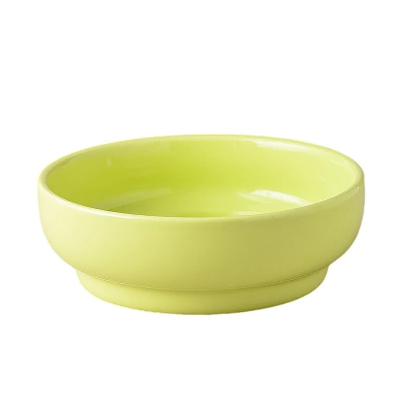 A light lime green ceramic cat and dog bowl with a matching stand.