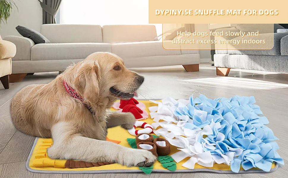 A golden retriever lies on a yellow mat with various toys and treats, demonstrating a dog sniffing mat for training.
