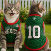 A tabby cat wearing a green and red sports jersey with the number 10 sitting on green grass.