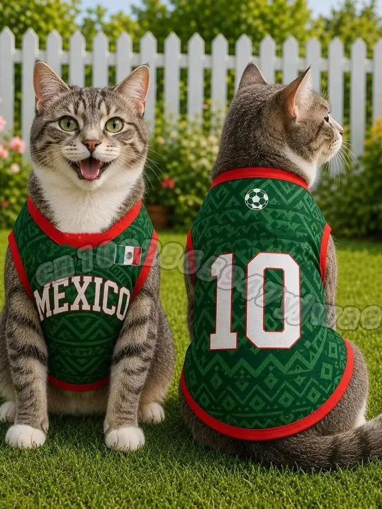 A tabby cat wearing a green and red sports jersey with the number 10 sitting on green grass.