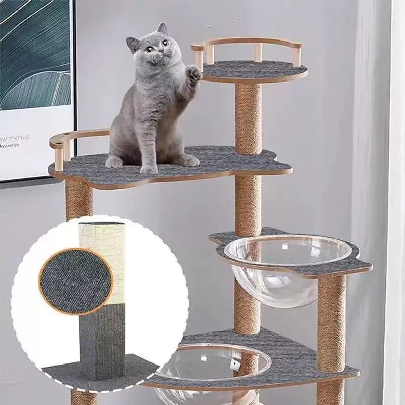 A gray cat is sitting on a wooden scratching post with multiple textured mats for furniture protection.