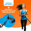 A woman running holds a black hands-free double dog leash for two dogs.