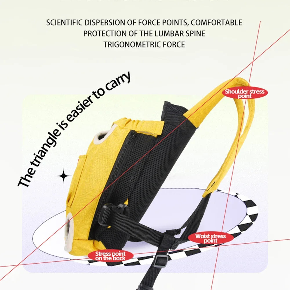 Yellow and black triangular pet carrier designed for the scientific dispersion of force points to protect the lumbar spine.