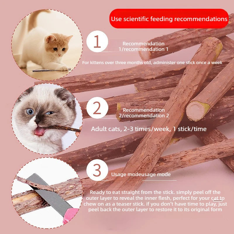 Diagram showing instructions for using natural herbal cat chew sticks, including recommendations and usage modes.