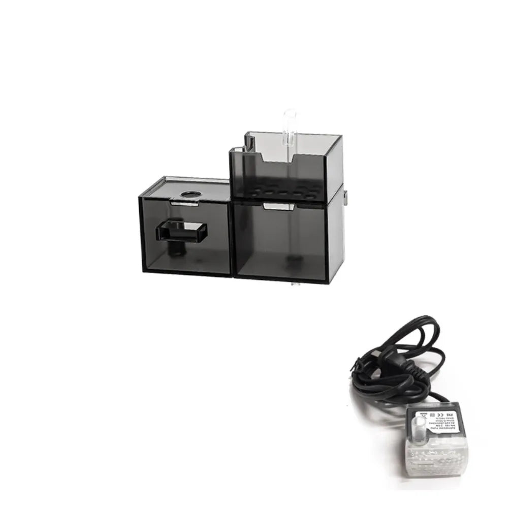 A black 3-in-1 external aquarium filter with oxygenation components displayed in a box.