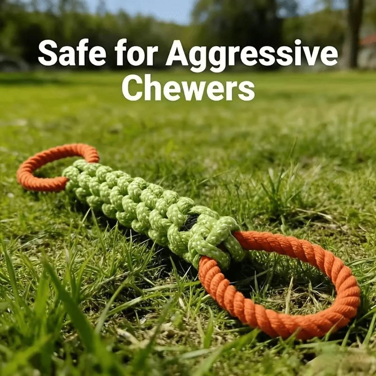A green durable dog chew rope toy lying on green grass.