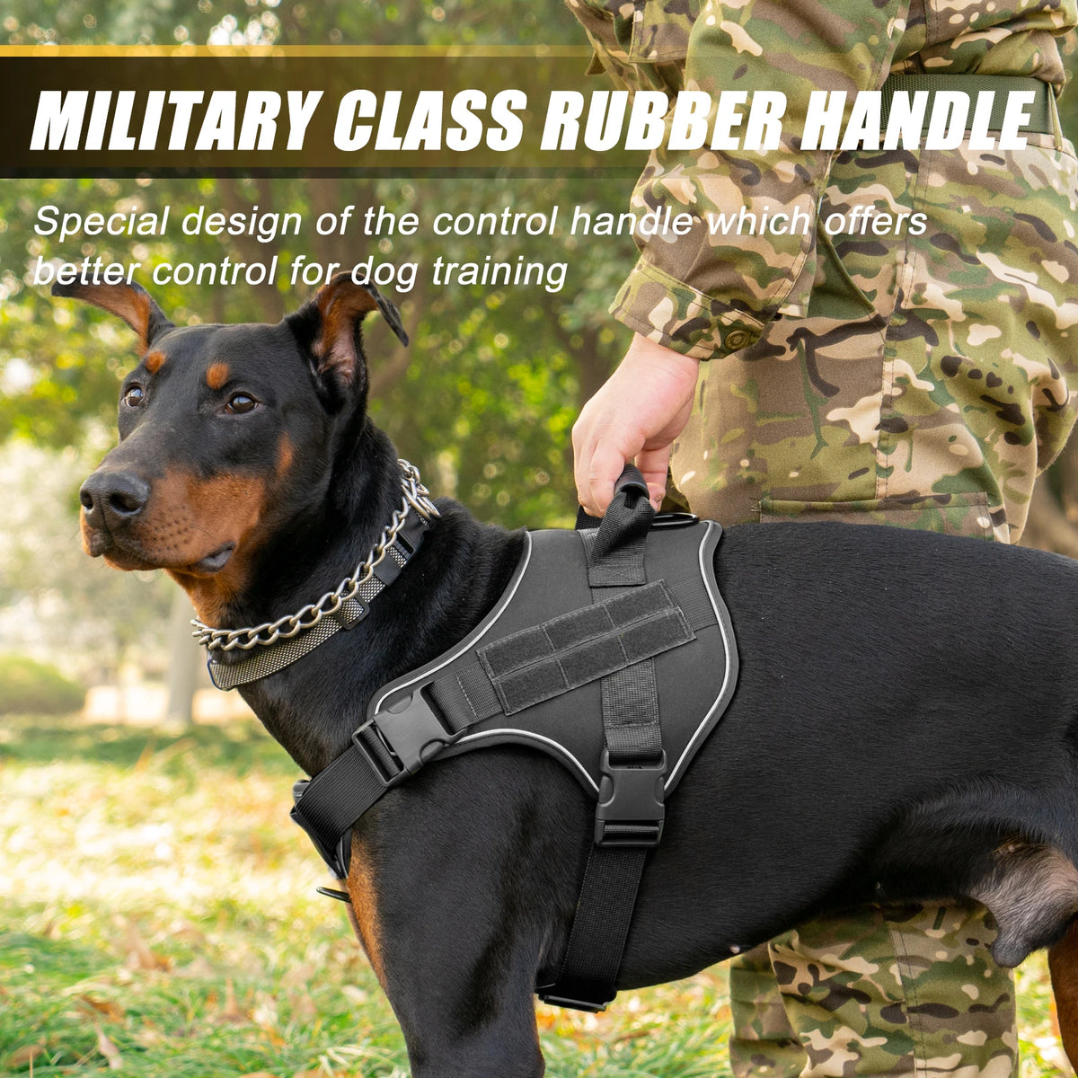A black dog wearing a military class rubber handle control harness while being held by a person in camouflage clothing.