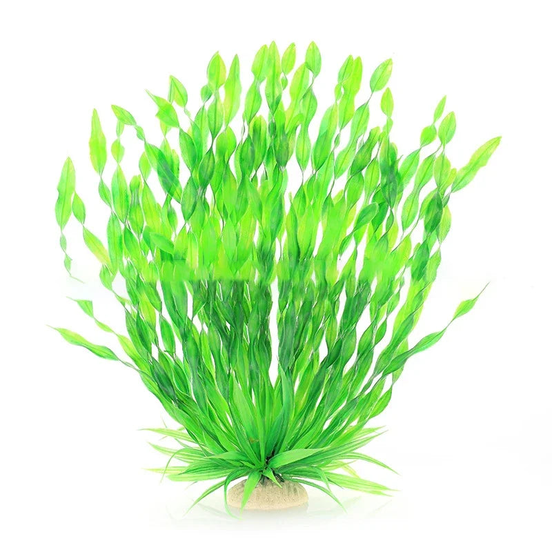 A vibrant green artificial aquatic plant arrangement used for fish tanks.