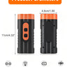 A black ultrasonic pet bark repeller device shown with dimensions and features like dual head, flashlight, Type-C charging, a