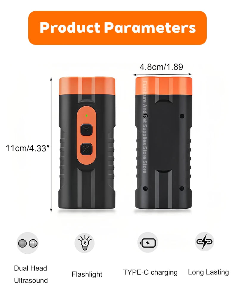 A black ultrasonic pet bark repeller device shown with dimensions and features like dual head, flashlight, Type-C charging, a