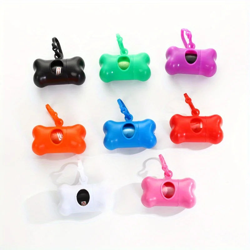 A collection of bone-shaped pet poop bags dispensers in various colors including black, green, purple, orange, blue, red, and