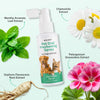 A bottle of Pet Oral Freshening Spray for dogs and cats with extracts from mentha arvensis, pelargonium graveolens, and sopho