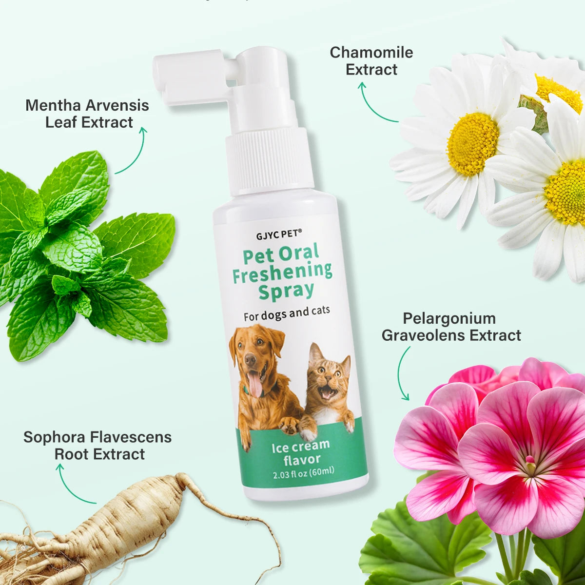A bottle of Pet Oral Freshening Spray for dogs and cats with extracts from mentha arvensis, pelargonium graveolens, and sopho