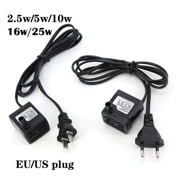 Black submersible water pump wires with various wattage options and EU/US plugs