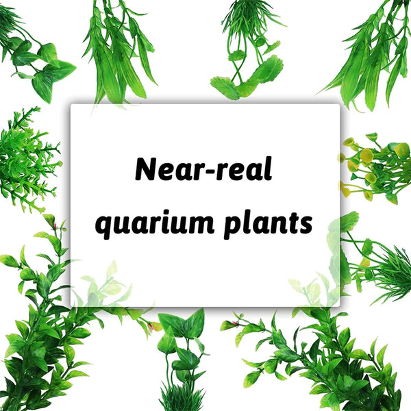 A collection of ten artificial green aquarium plants used for fish tanks.
