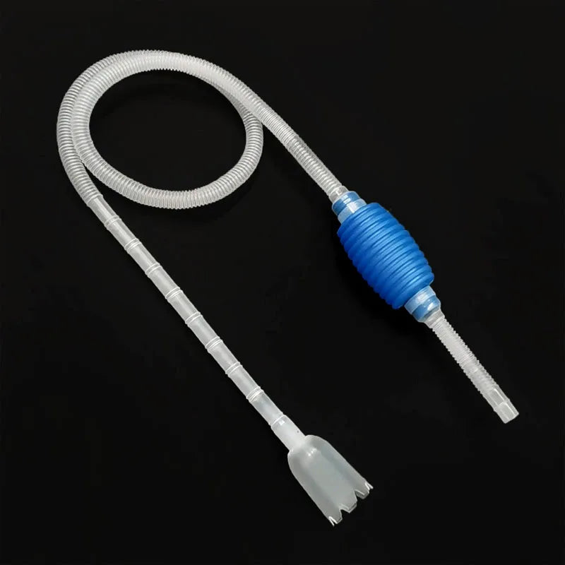 A white aquarium siphon gravel cleaner with a blue pump and tubing is shown against a black background.