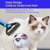 A white cat is being groomed with a blue stainless steel pet deshedding comb.