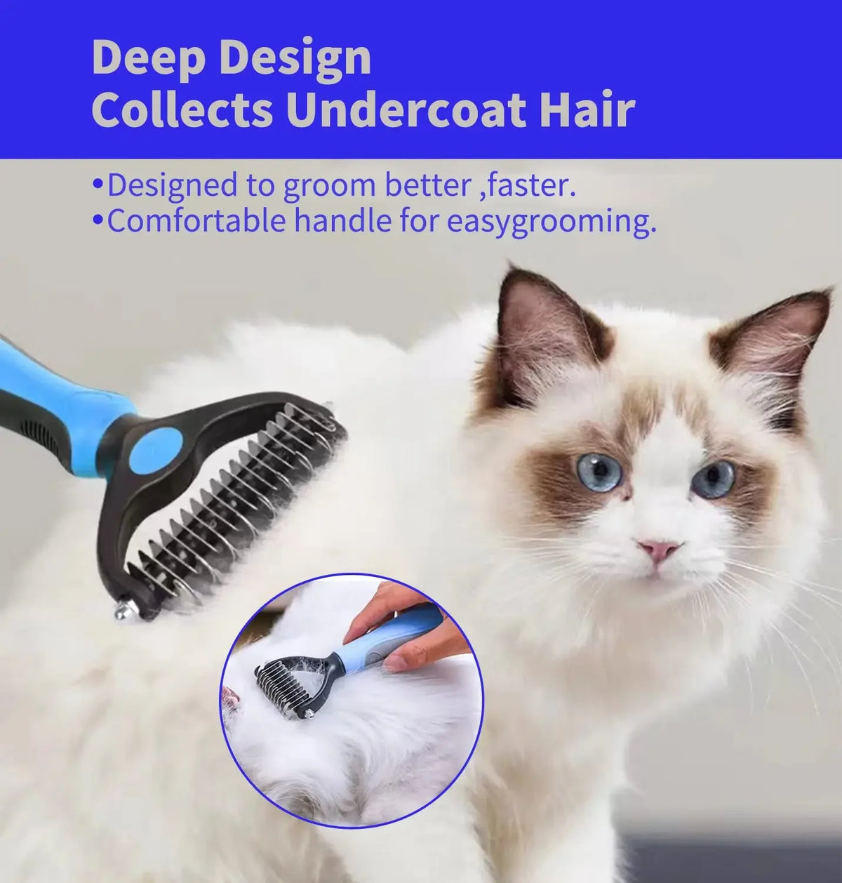 A white cat is being groomed with a blue stainless steel pet deshedding comb.