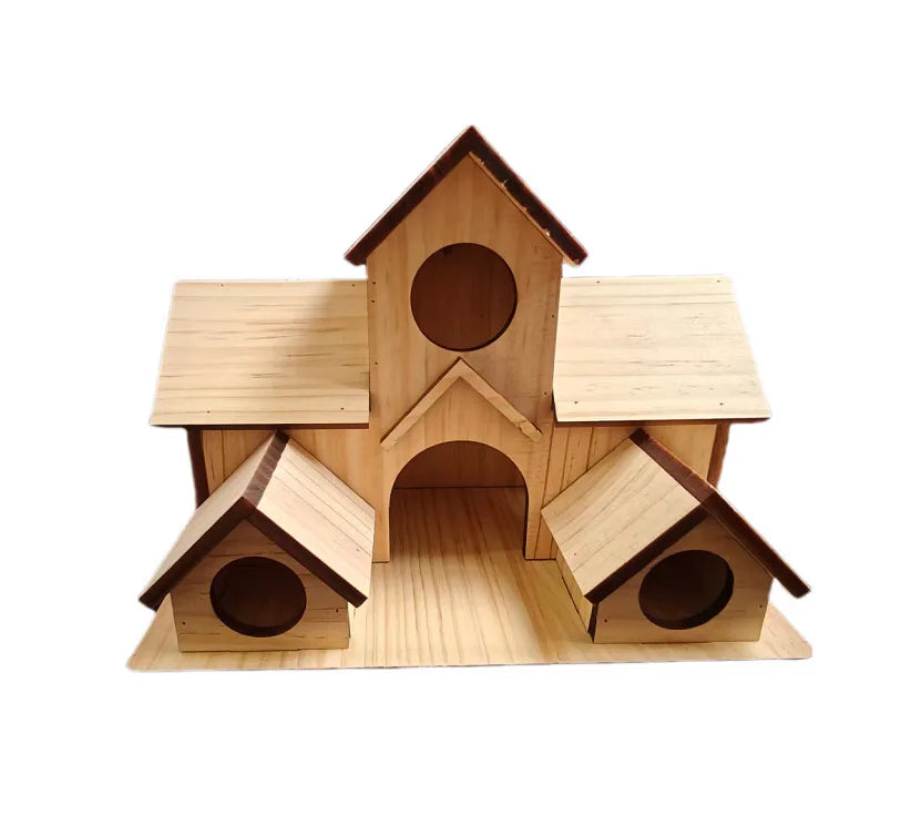 Handmade wooden bird house with a peaked roof and arched entrance for outdoor decor