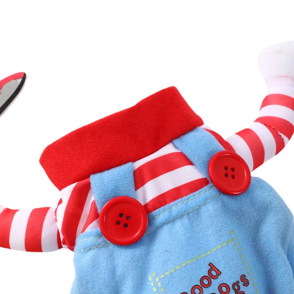 A close-up of a funny Halloween dog costume featuring a red and white striped outfit with a knife detail.