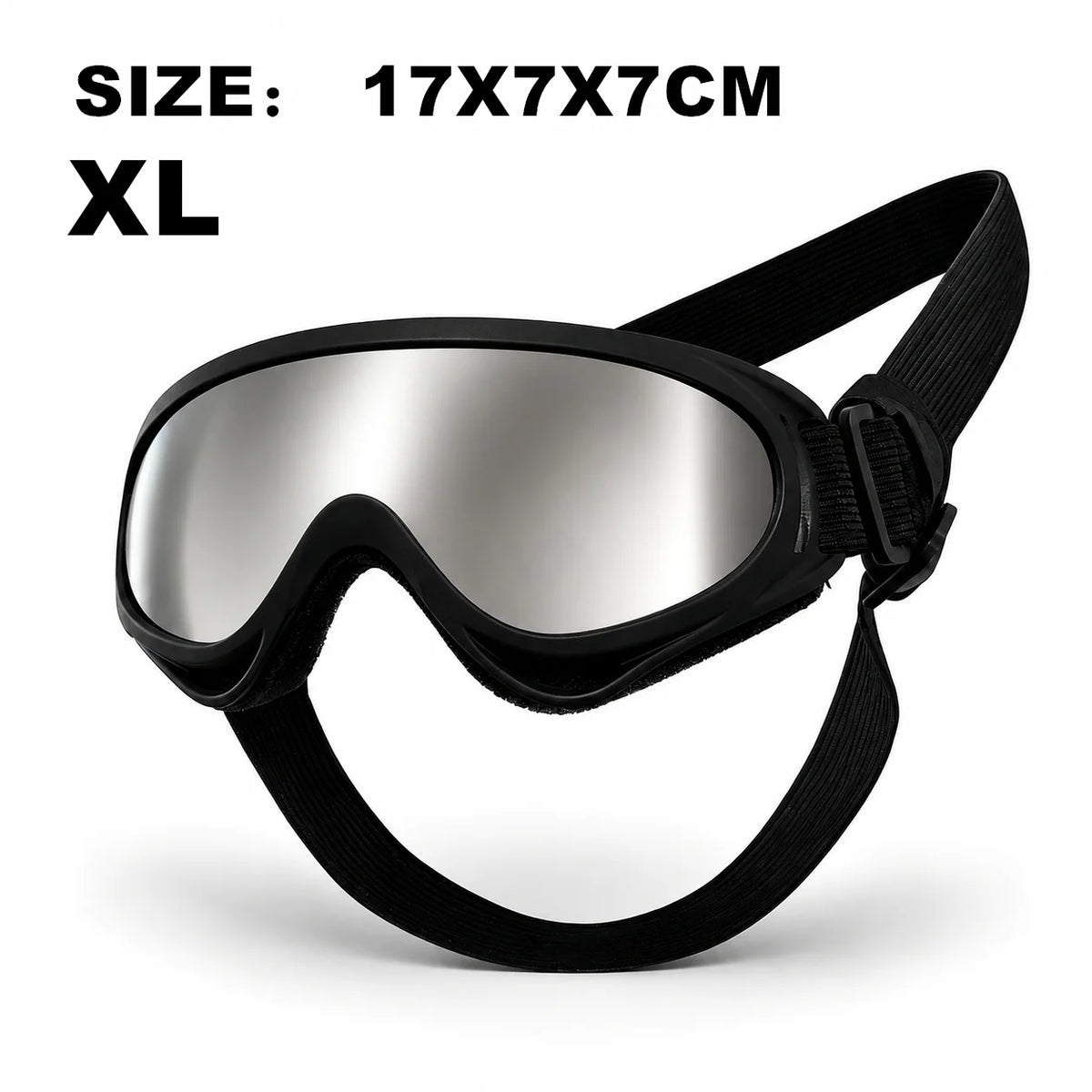 Schwarze Anti-UV-Hundegoggles in Größe XL mit silbernem reflektierendem Linsen