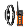 An orange remote dog training collar with a black strap and various function buttons is shown on a white background.