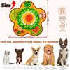 A colorful pet sniffing mat designed for dog training and slow feeding, shown with various breeds.