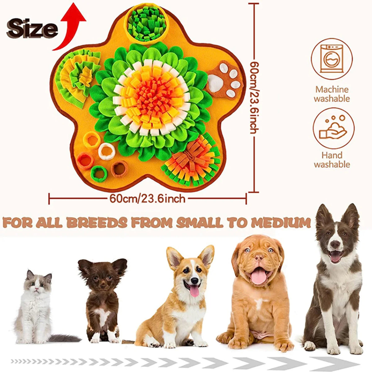 A colorful pet sniffing mat designed for dog training and slow feeding, shown with various breeds.