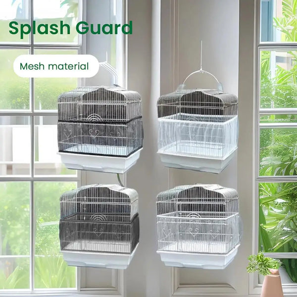 Three mesh material bird cages with white bottoms are displayed hanging in a window frame.
