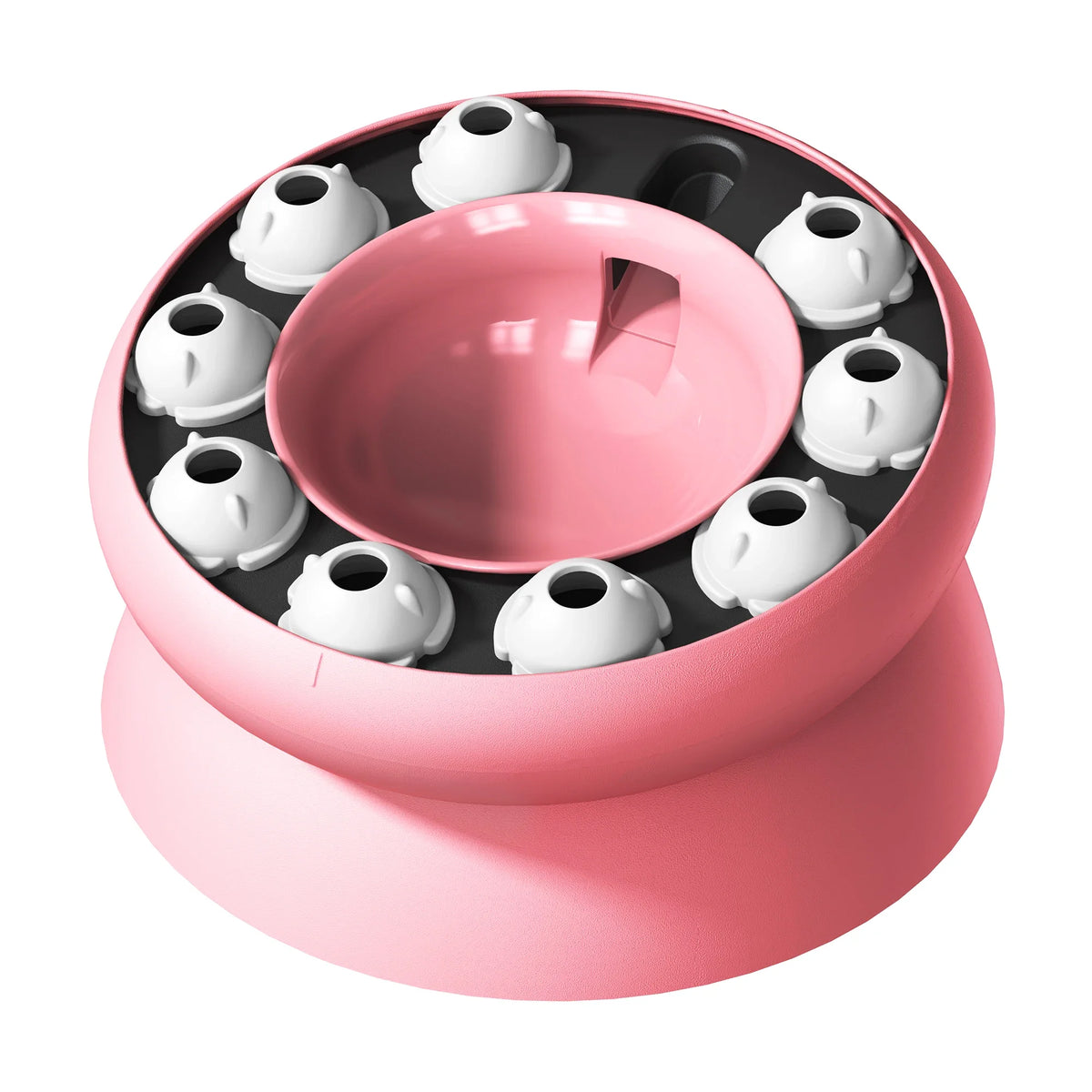 Rosa interaktive Slow-Feeder-Katzen-Puzzle-Schale mit mehreren kleinen weißen Futterbechern.
