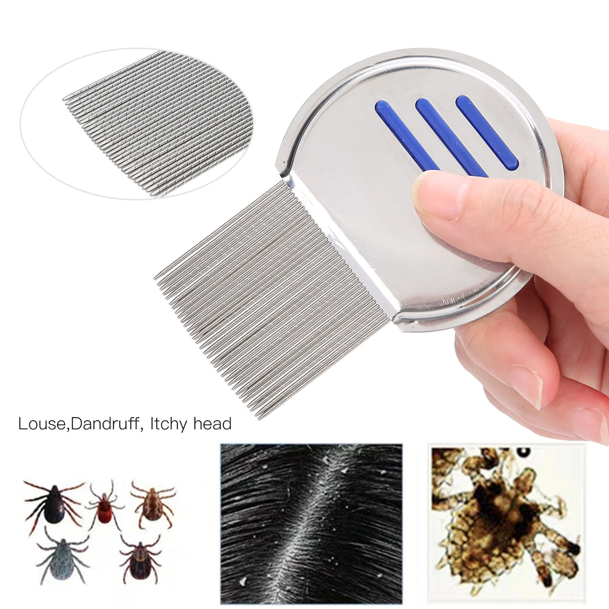 Stainless steel lice removal comb with a flat brush head and a fine comb for hair inspection