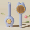 A light purple pet deshedding brush for cats and dogs with a self-cleaning design shown in two views.