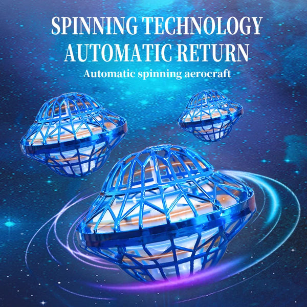 Blue spinning aerodynamic ball with glowing lights demonstrating automatic return technology