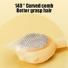 A close-up of a light beige pet hair removal slicker brush with 140° curved bristles shown against a pale yellow background.