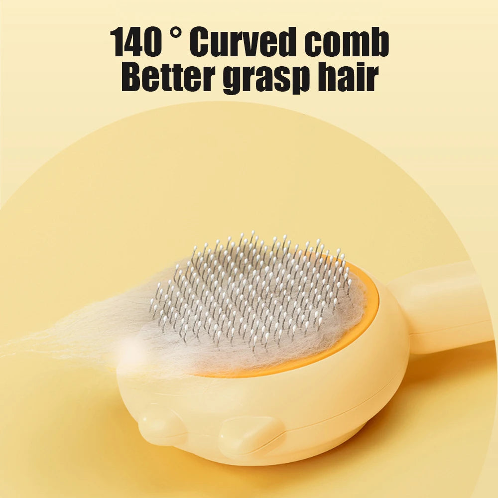 A close-up of a light beige pet hair removal slicker brush with 140° curved bristles shown against a pale yellow background.