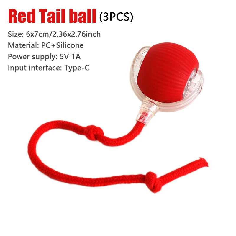 A red tail ball cat toy with a silicone rolling ball and elastic string for play