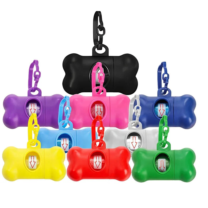 A set of bone-shaped dog waste bag dispensers in various colors including purple, pink, blue, white, red, and green.