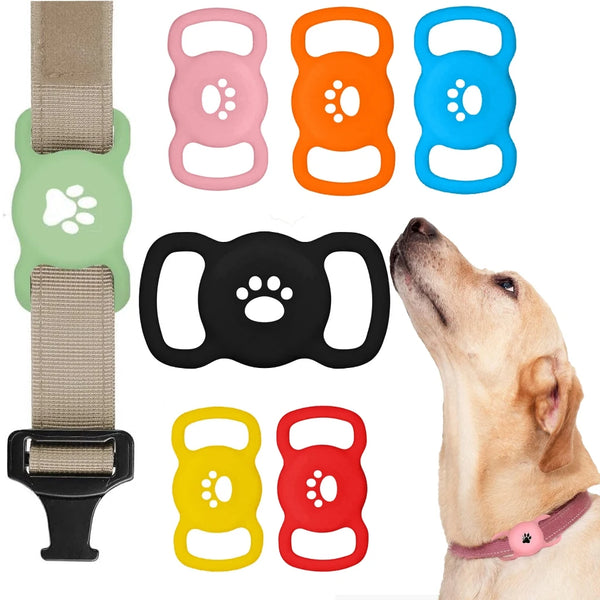 Various silicone Airtag protectors and collars for dogs shown in different colors and styles.