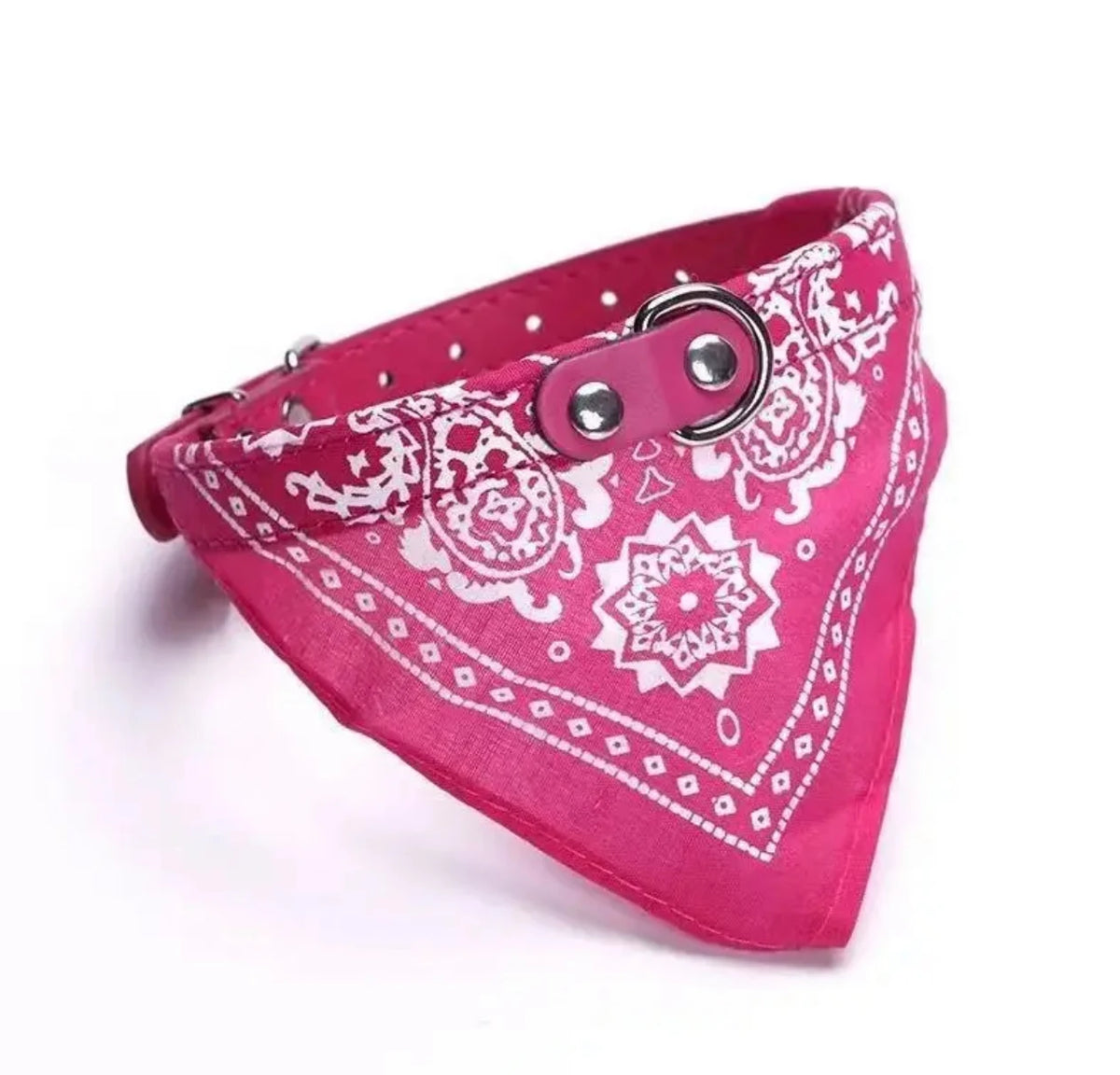 Pink patterned bandana collar for dogs and cats with a silver buckle.