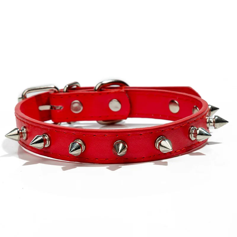 Red studded leather dog collar with metal rivets.