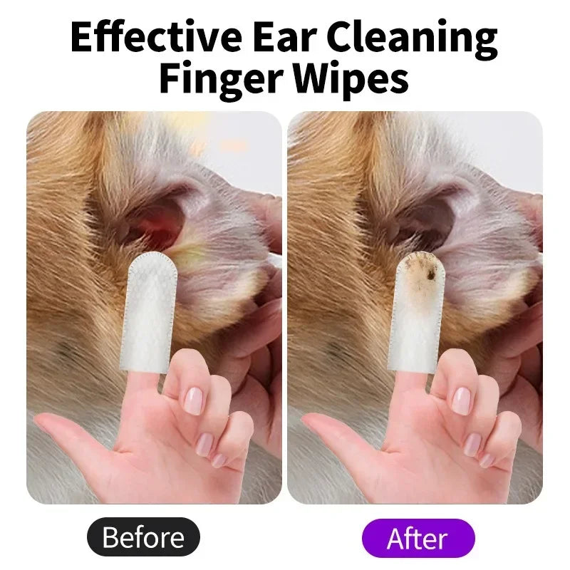 Before and after comparison showing effective ear cleaning finger wipes used on a dog's ear.