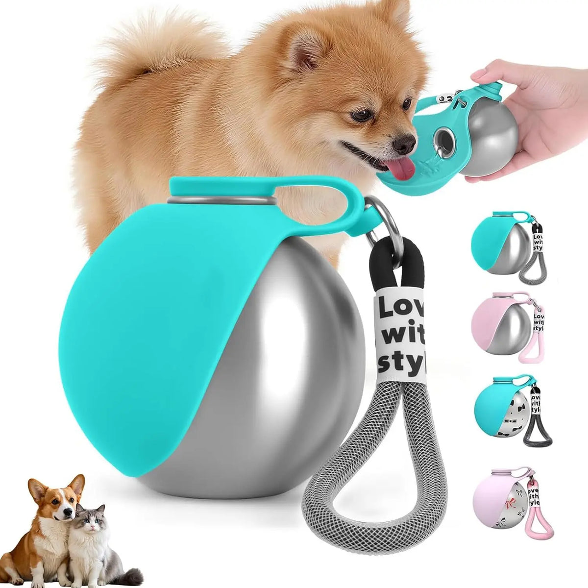 Un perro peludo interactuando con una botella de acero inoxidable y un cuenco de silicona, junto con un alimentador de silico