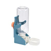 Distributeur automatique bleu pour oiseaux avec un abreuvement cylindrique transparent et un plateau de nourriture blanc.