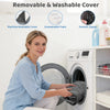 A woman is shown using a removable and washable cover on a high-density foam pet stairs ramp for dogs in a washing machine.