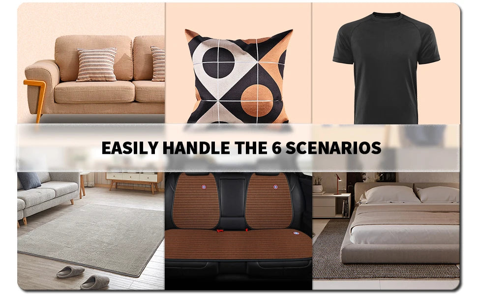 Collage showing the reusable pet hair remover roller used for cleaning furniture, upholstery, and clothing.