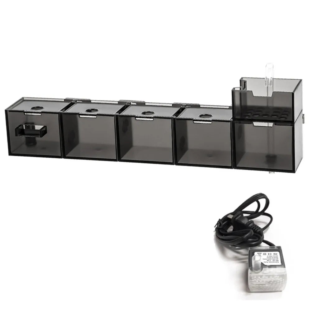 A black external aquarium filter unit with multiple compartments and an attached power cord.