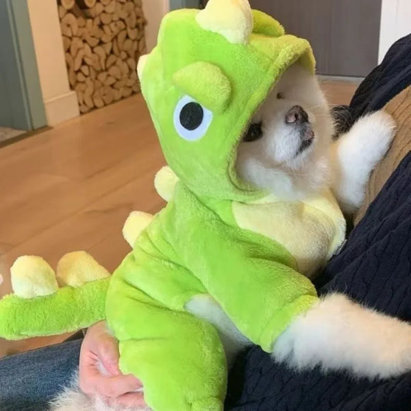 A fluffy white dog wearing a bright green fleece hoodie with animal ears, resting on a dark surface.